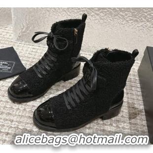 Good Product Chanel Teddycloth Lace-up Ankle Boots Black 025086