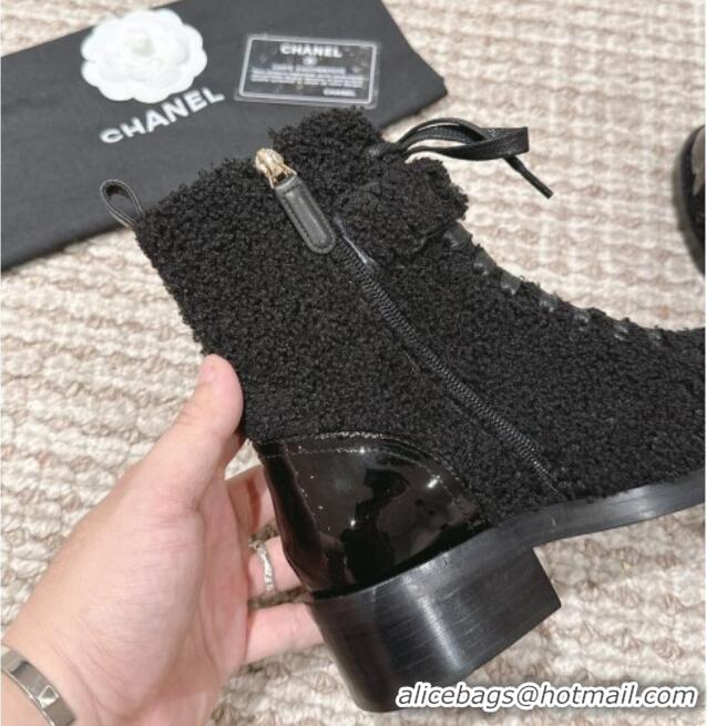 Good Product Chanel Teddycloth Lace-up Ankle Boots Black 025086