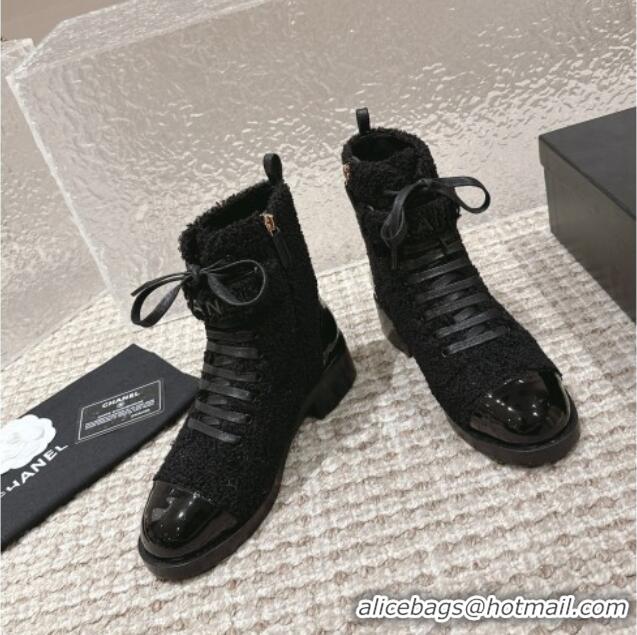 Good Product Chanel Teddycloth Lace-up Ankle Boots Black 025086