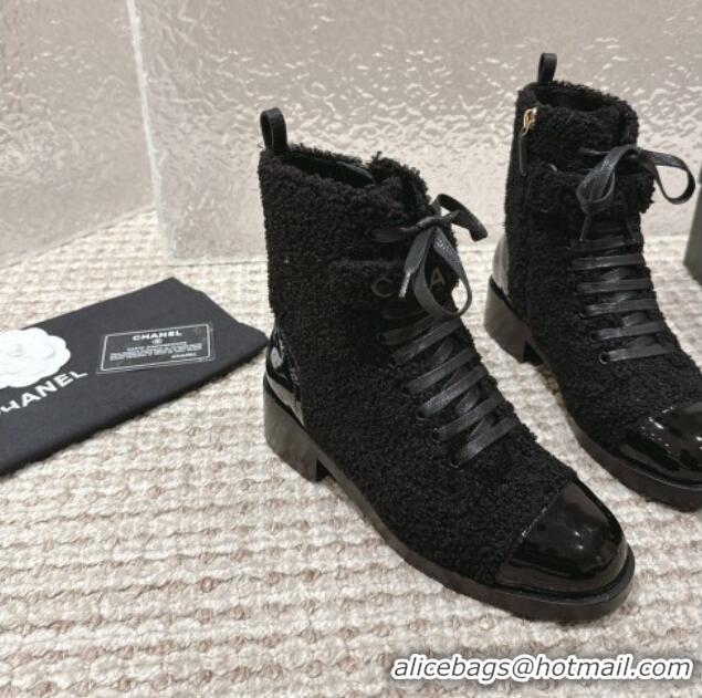 Good Product Chanel Teddycloth Lace-up Ankle Boots Black 025086