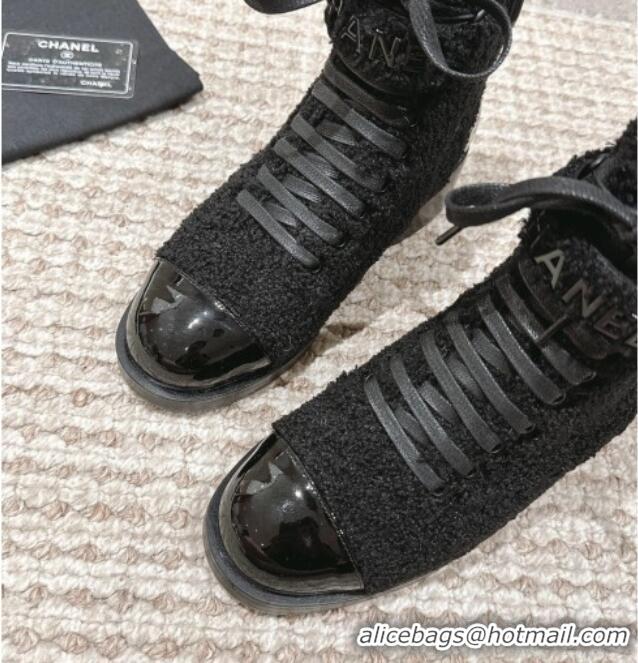 Good Product Chanel Teddycloth Lace-up Ankle Boots Black 025086