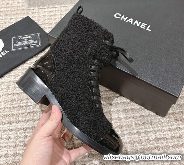 Good Product Chanel Teddycloth Lace-up Ankle Boots Black 025086