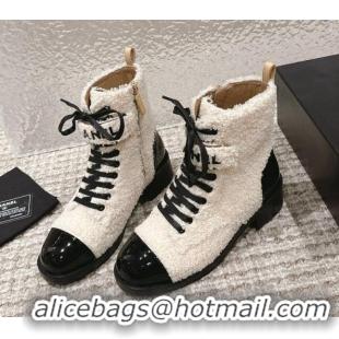 Pretty Style Chanel Teddycloth Lace-up Ankle Boots Light Beige 025087