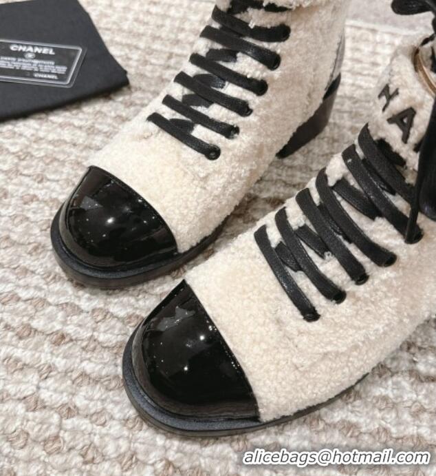 Pretty Style Chanel Teddycloth Lace-up Ankle Boots Light Beige 025087