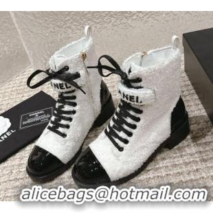 Top Design Chanel Teddycloth Lace-up Ankle Boots White 025088