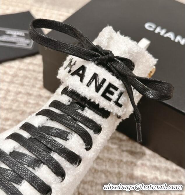 Top Design Chanel Teddycloth Lace-up Ankle Boots White 025088