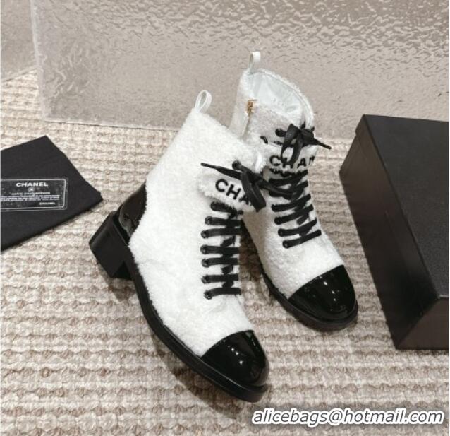 Top Design Chanel Teddycloth Lace-up Ankle Boots White 025088