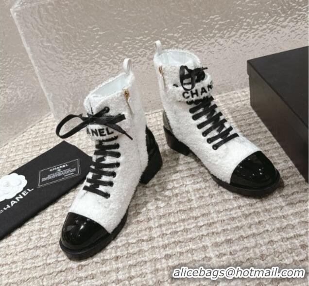 Top Design Chanel Teddycloth Lace-up Ankle Boots White 025088