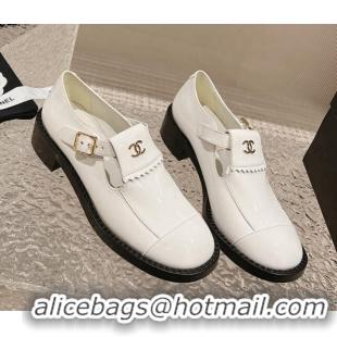 Shop Duplicate Chanel Patent Calfskin Loafers with Buckle White 025095