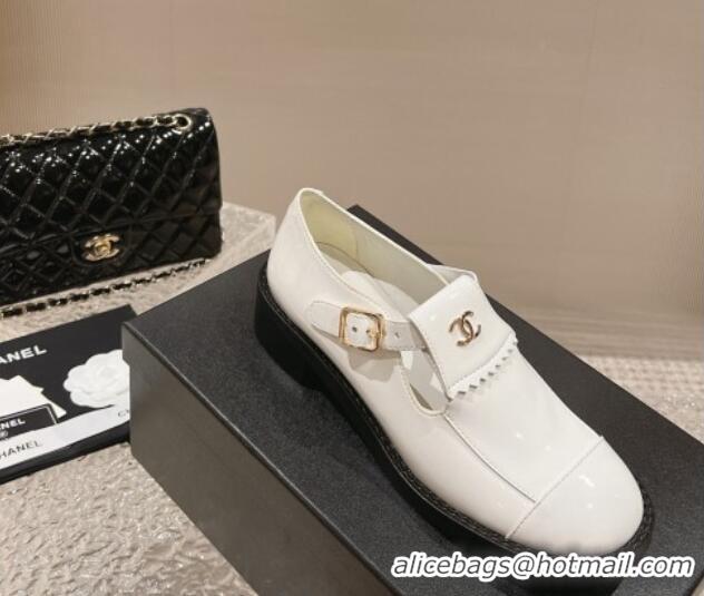 Shop Duplicate Chanel Patent Calfskin Loafers with Buckle White 025095