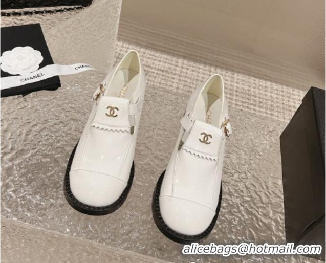 Shop Duplicate Chanel Patent Calfskin Loafers with Buckle White 025095