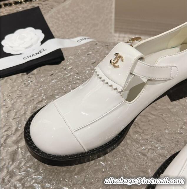 Shop Duplicate Chanel Patent Calfskin Loafers with Buckle White 025095