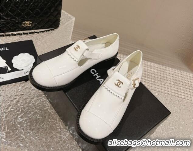 Shop Duplicate Chanel Patent Calfskin Loafers with Buckle White 025095