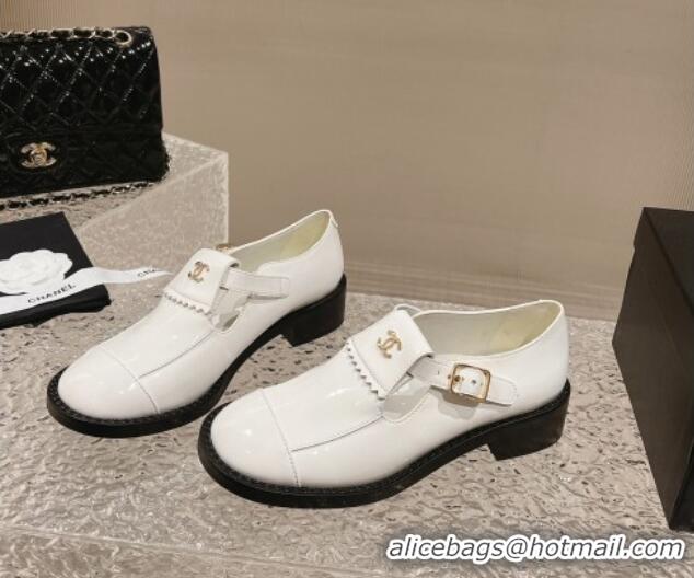 Shop Duplicate Chanel Patent Calfskin Loafers with Buckle White 025095