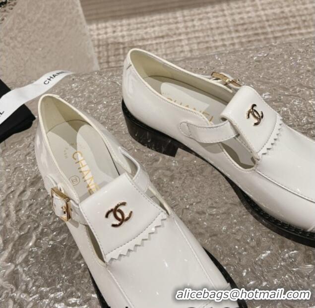 Shop Duplicate Chanel Patent Calfskin Loafers with Buckle White 025095