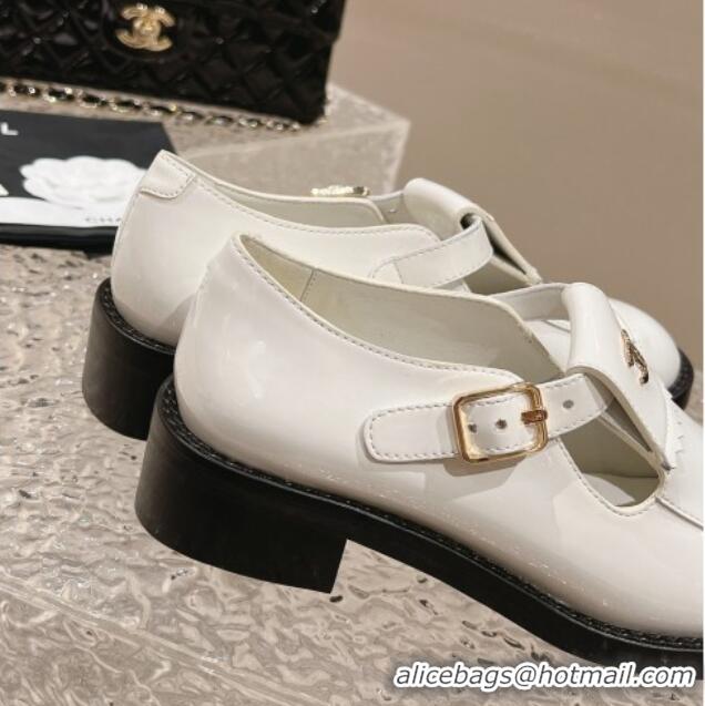 Shop Duplicate Chanel Patent Calfskin Loafers with Buckle White 025095