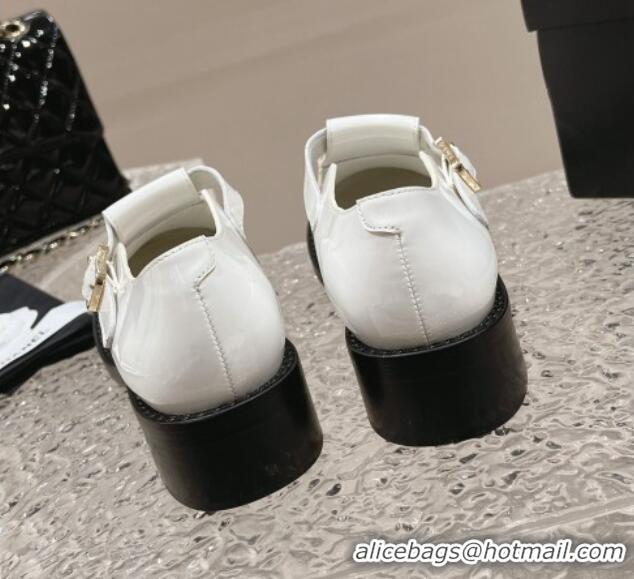 Shop Duplicate Chanel Patent Calfskin Loafers with Buckle White 025095