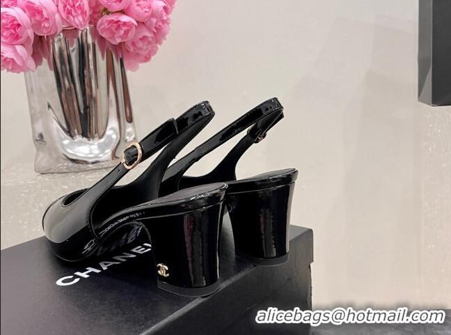 Most Popular Chanel Patent Calfskin Slingback Pumps 6cm Black 025096