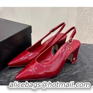 Best Grade Chanel Patent Calfskin Slingback Pumps 6cm Red 025097