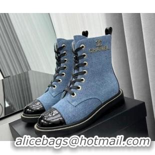 Trendy Design Chanel Denim Lace-up Ankle Boots Light Blue 025106