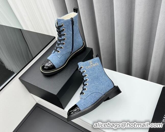 Trendy Design Chanel Denim Lace-up Ankle Boots Light Blue 025106