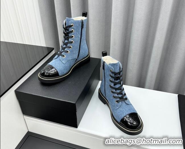 Trendy Design Chanel Denim Lace-up Ankle Boots Light Blue 025106