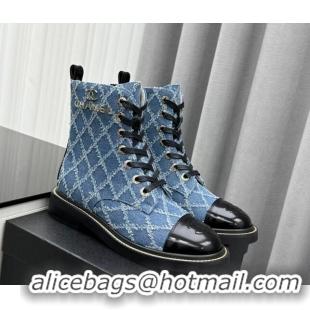 Most Popular Chanel Quilted Denim Lace-up Ankle Boots Blue 025107