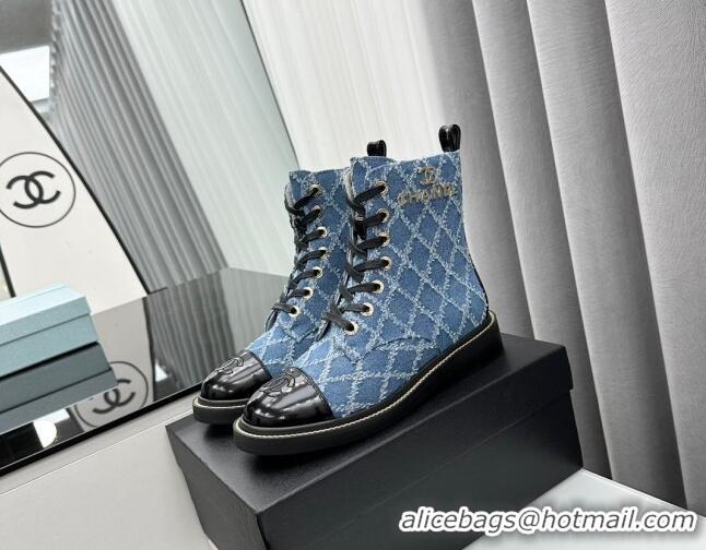 Most Popular Chanel Quilted Denim Lace-up Ankle Boots Blue 025107