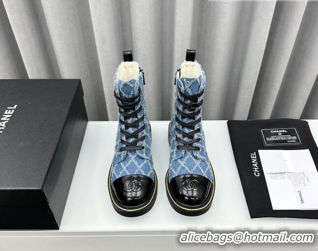 Most Popular Chanel Quilted Denim Lace-up Ankle Boots Blue 025107