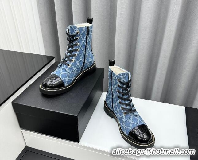 Most Popular Chanel Quilted Denim Lace-up Ankle Boots Blue 025107