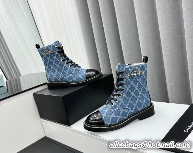 Most Popular Chanel Quilted Denim Lace-up Ankle Boots Blue 025107