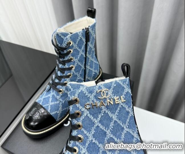 Most Popular Chanel Quilted Denim Lace-up Ankle Boots Blue 025107