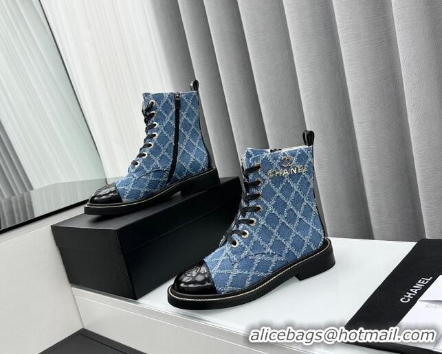 Most Popular Chanel Quilted Denim Lace-up Ankle Boots Blue 025107