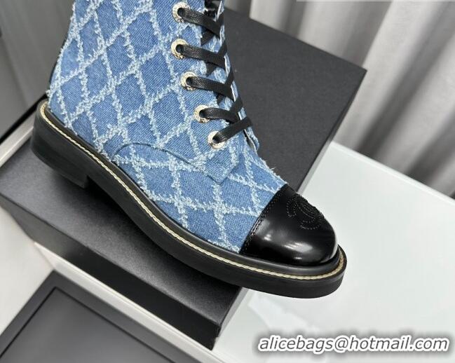 Most Popular Chanel Quilted Denim Lace-up Ankle Boots Blue 025107