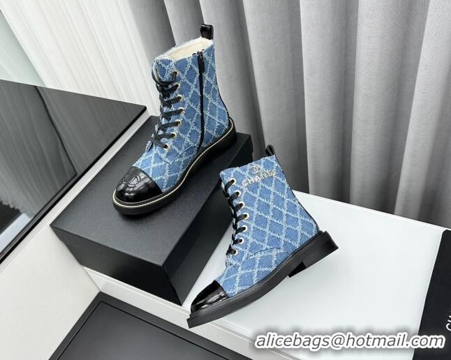 Most Popular Chanel Quilted Denim Lace-up Ankle Boots Blue 025107