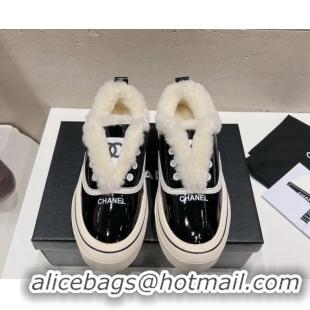 Top Grade Chanel Wool and Patent Leather Platform Sneakers Black 025108