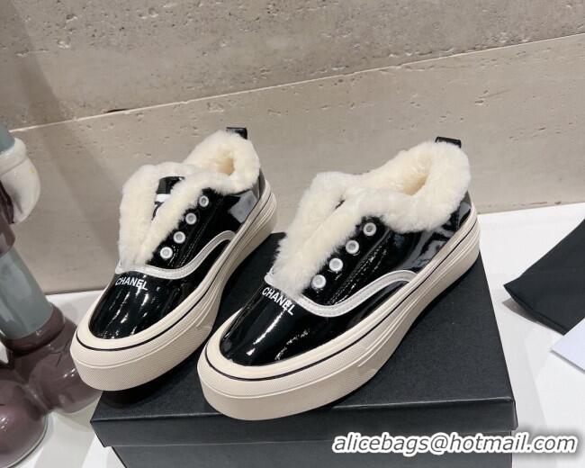 Top Grade Chanel Wool and Patent Leather Platform Sneakers Black 025108