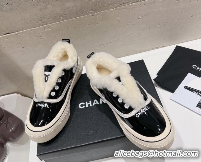 Top Grade Chanel Wool and Patent Leather Platform Sneakers Black 025108