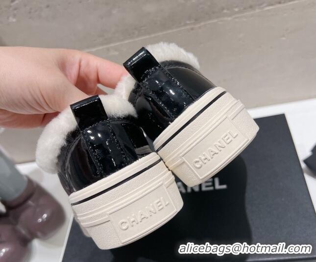 Top Grade Chanel Wool and Patent Leather Platform Sneakers Black 025108