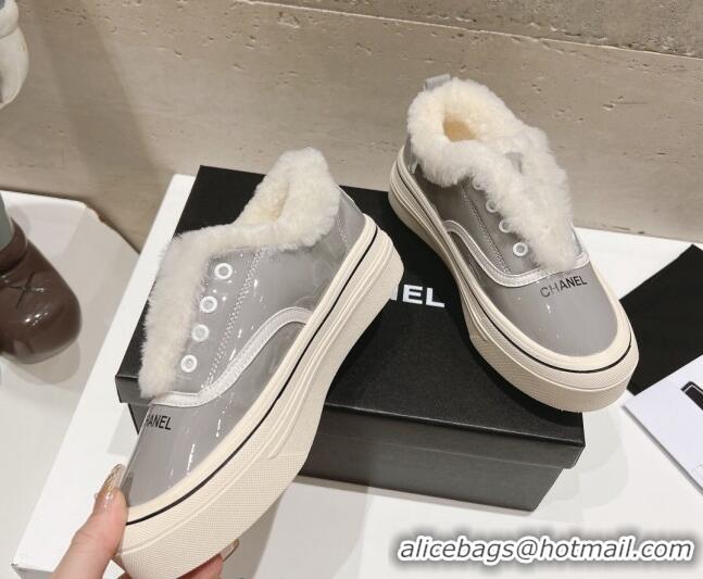 Good Quality Chanel Wool and Patent Leather Platform Sneakers Grey 025110