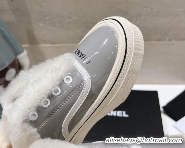 Good Quality Chanel Wool and Patent Leather Platform Sneakers Grey 025110