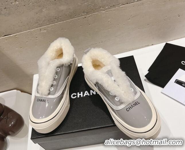 Good Quality Chanel Wool and Patent Leather Platform Sneakers Grey 025110