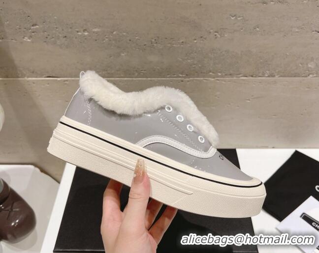 Good Quality Chanel Wool and Patent Leather Platform Sneakers Grey 025110