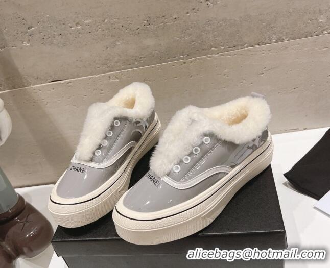 Good Quality Chanel Wool and Patent Leather Platform Sneakers Grey 025110