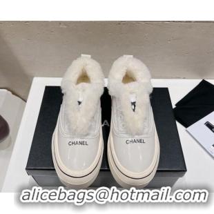 Popular Style Chanel Wool and Patent Leather Platform Sneakers White 025111