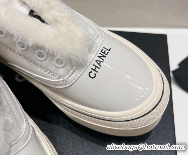 Popular Style Chanel Wool and Patent Leather Platform Sneakers White 025111