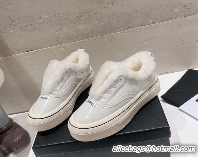 Popular Style Chanel Wool and Patent Leather Platform Sneakers White 025111