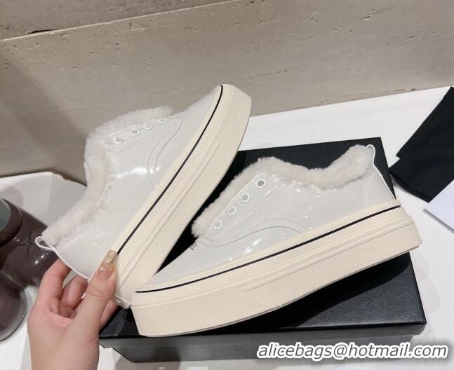 Popular Style Chanel Wool and Patent Leather Platform Sneakers White 025111