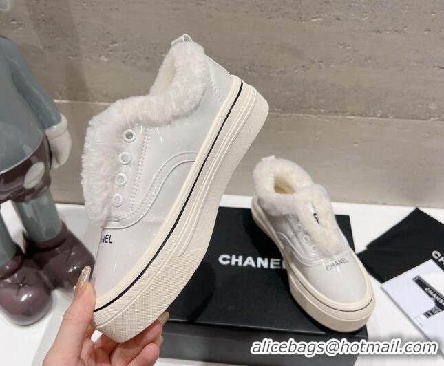 Popular Style Chanel Wool and Patent Leather Platform Sneakers White 025111