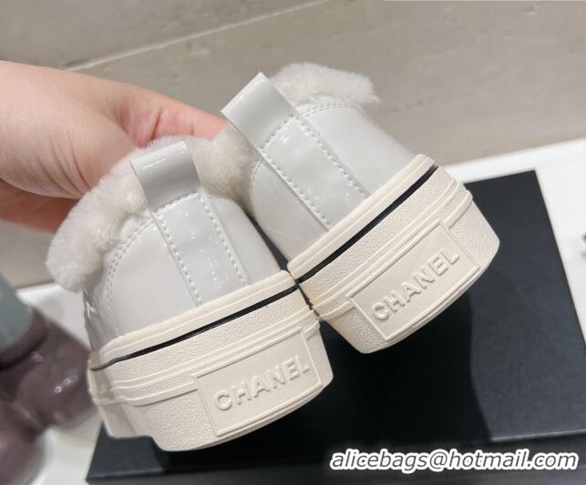 Popular Style Chanel Wool and Patent Leather Platform Sneakers White 025111